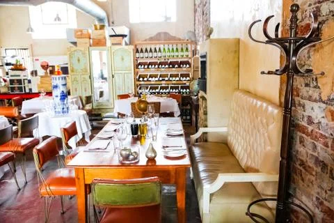 Interior of Retro Bistro Restaurant in up-market area Stock Photos
