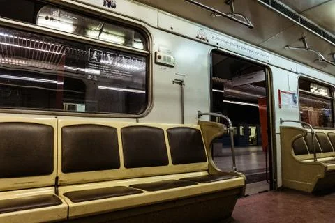 Interior retro metro train, inside view. Moscow underground. Stock Photos