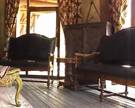 Interior with retro sofas, wardrobe and desk Stock Footage 24613437