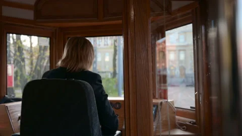 Interior of retro tram exiting the tramway depot in St. Petersburg, Russia 스톡 동영상 122122216