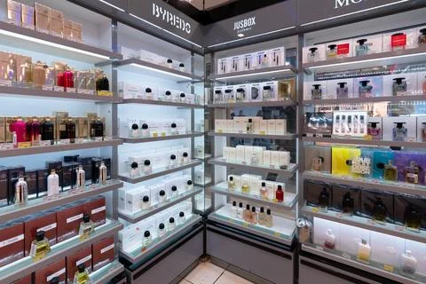 Interior of a Rive Gauche store in Ufa offering luxury cosmetics and perfumes Stock Photos