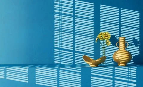 Interior Room 3D Rendered Still Life Vase, Bowl and Daisy flowers and Caste.. Stock Photos