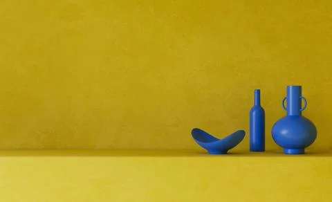 Interior Room 3D Rendered Still Life Vase, Bowl and wine bottle on shelf Stock Photos
