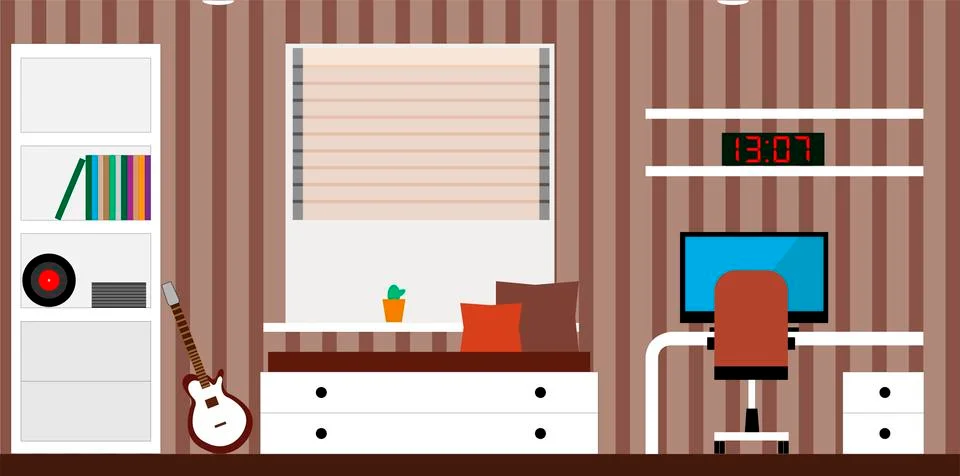 Interior room with a bed, a computer desk, a guitar. Vector illustration Stock Illustration