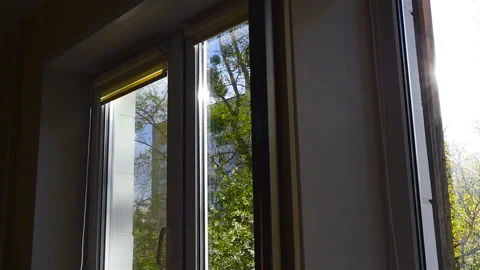 Interior of the room. Big windows. Sun rays. The camera is moving. Slow motion Stock Footage 91618252