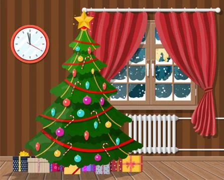 Interior of room with christmas tree and gifts Stock Illustration