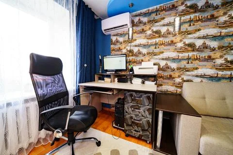 Interior of the room with Desktop with computer and printer. Stock Photos