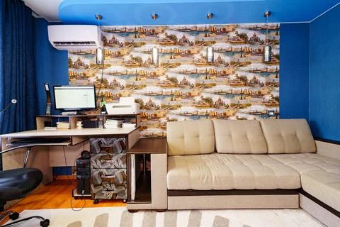 Interior of the room with Desktop with computer and printer. Stock Photos