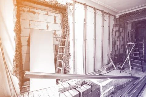 Interior of room during of install of plasterboard for making gypsum walls on Stock Photos