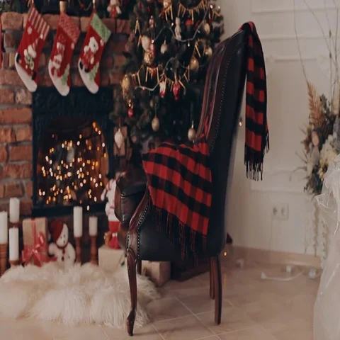Interior room with elegant Christmas tree, fireplace and Christmas socks Stock Footage 69541730