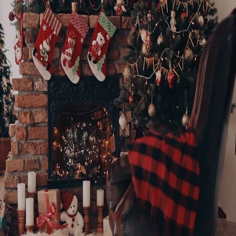 Interior room with elegant Christmas tree, fireplace and Christmas socks Stock Footage 69542286