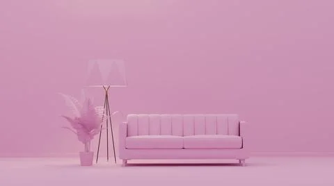 Interior room in plain monochrome light pink color with sofa, floor lamp and  Stock Illustration