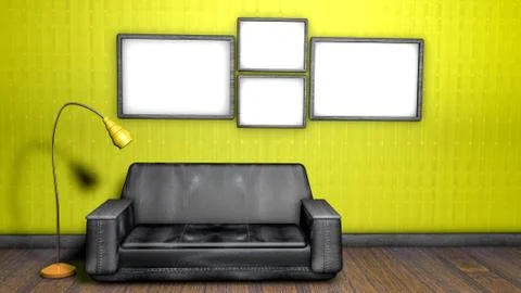 Interior of the room with a sofa and floor lamp. 3D rendering Illustrazione stock