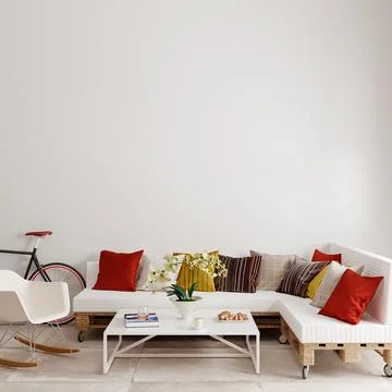 Interior of a room with a sofa and white armchair, 3d render Stock Illustration