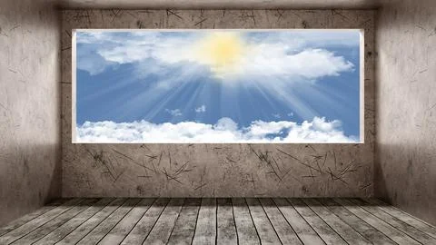 Interior of room with window overlooking landscape. 스톡 일러스트