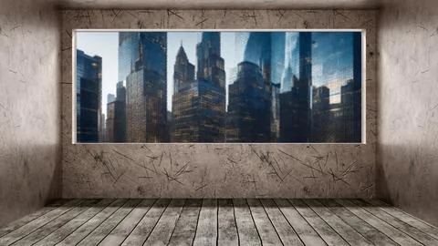 Interior of room with window overlooking landscape. 스톡 일러스트