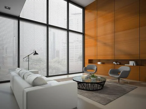 Interior of the room with wooden panel wall 3D rendering Stock Illustration