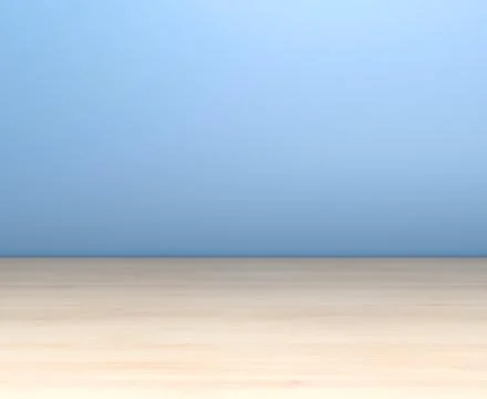 Interior room, wooden table on background blue wall. Stock Illustration
