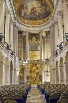 Interior of Royal Chapel in Versailles with columns fresco and organ Stock Photos