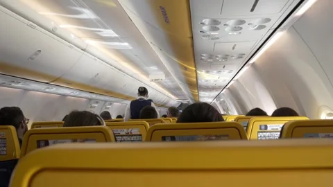 Interior Ryanair flight with cabin crew in aisle Stock Footage 244841486
