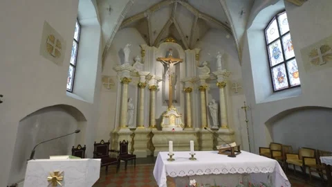 Interior of Saint Nicholas Church altar, a 14th-century Gothic landmark Stock Footage 329180964
