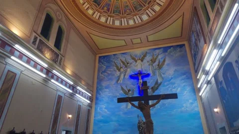 Interior of the Sao Bento Cathedral, featuring a large crucifix Stock Footage 328485916