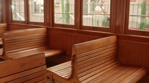 Interior of Sassi Superga Historic Tramway with Wooden Benches in Turin, Italy Vídeo Stock 342610117