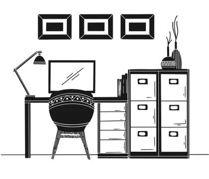 Interior in Scandinavian style. Workplace with a computer. Stock Illustration