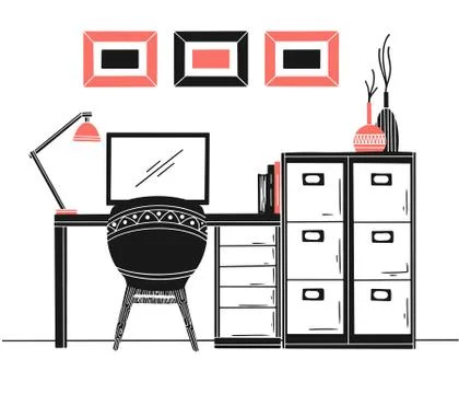 Interior in Scandinavian style. Workplace with a computer. Stock Illustration