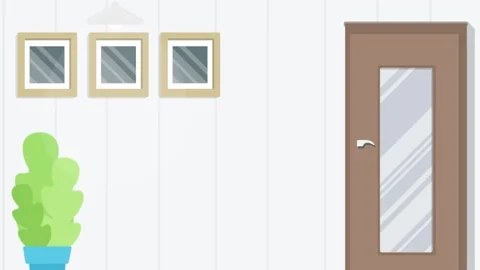 Interior scene with framed art and potted plant room Stock Footage 340471647