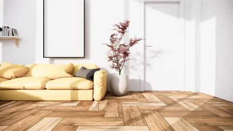 Interior scene mock up with yellow sofa and decoration on room minimalism. 3D Illustrazione stock
