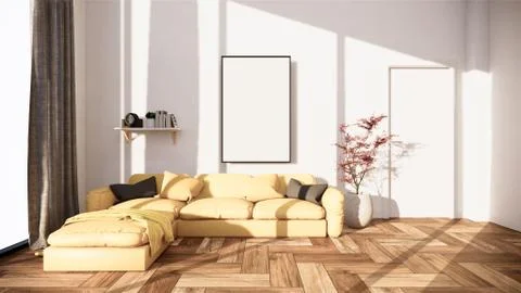 Interior scene mock up with yellow sofa and decoration on room minimalism. 3D Stock Illustration
