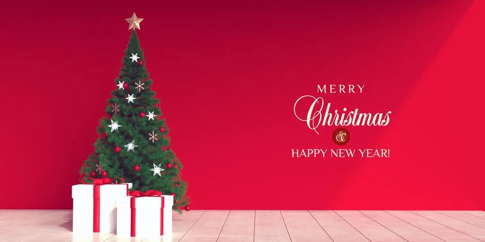 Interior scene. Red room in loft style with Christmas tree, gifts and empty Stock Illustration