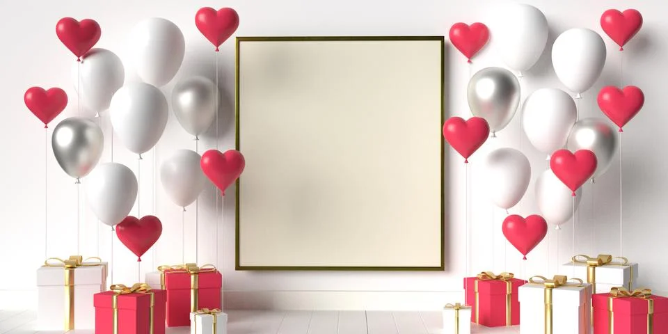 Interior scene with white and red gifts and balloons for Valentine's Day Stock Illustration