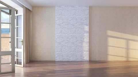 Interior with Sea View. Empty Hotel Room with Open Doors Overlooking the Beach Stock Illustration