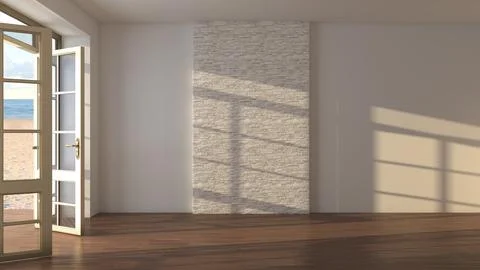 Interior with a Sea View. Empty Interior with Open Doors Leading to the Beach. Stock Illustration