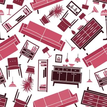 Interior seamless pattern with violet furnitures Stock Illustration