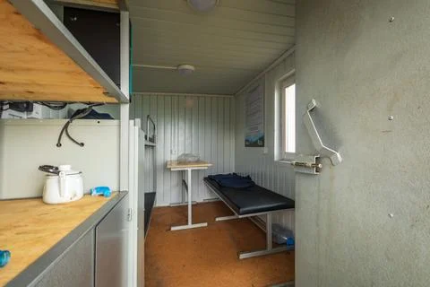 Interior of Self-contained rescue hut for hikers in Almaty mountains Stock Photos