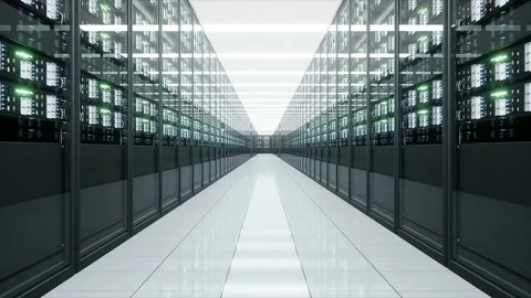 Interior of server room in datacenter. The flying camera. 4k animation. Video stock 79026116