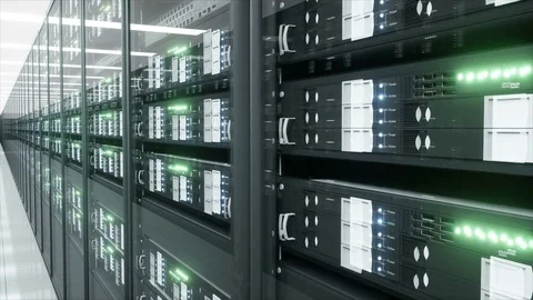 Interior of server room in datacenter. The flying camera. 4k animation. Vidéo 79026784