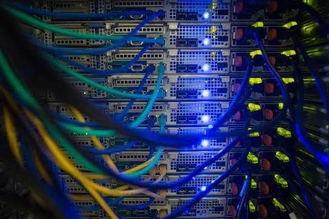 Interior of server with wires blue Stock Photos