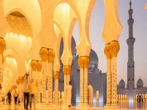 Interior of Sheikh Zayed Grand Mosque at dusk, Sheikh Rashid Bin Saeed St. Abu Stock Footage 78800983