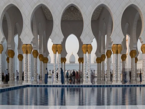 Interior of Sheikh Zayed Grand Mosque at dusk, Sheikh Rashid Bin Saeed St. Abu Stock Footage 78801063
