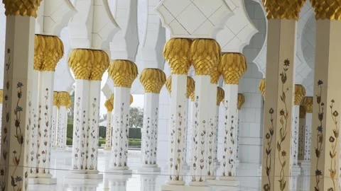 Interior of Sheikh Zayed Grand Mosque with ornate columns with golden paln tree Stock-Footage 284347833