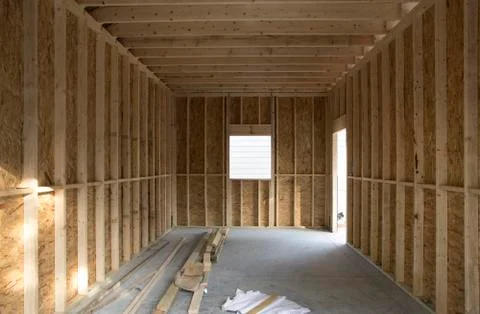 Interior shot of construction project to build new garage or room. Stock Photos