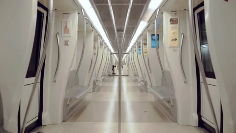 Interior shot of modern subway underground train car in motion. European modern Stock-Footage 112015582