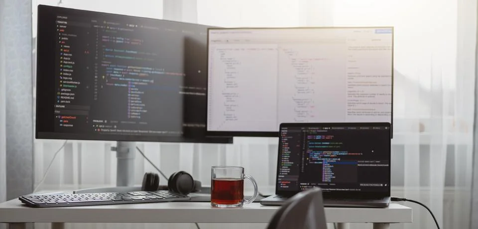 Interior shot. Workplace of a programmer, IT job, home, Computer monitors and Stock-Fotos