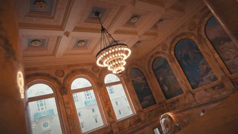 Interior Shots of Boston Public Library Historic Stairs Lion Statue Architecture Stock Footage 327384677