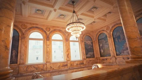 Interior Shots of Boston Public Library Historic Stairs Lion Statue Architecture Stock Footage 327384703