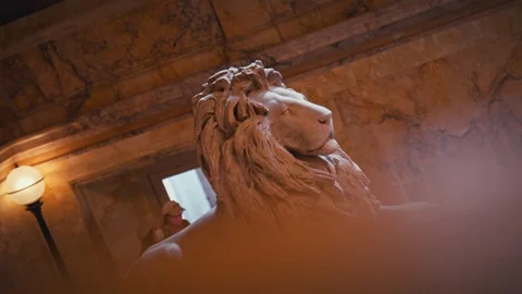Interior Shots of Boston Public Library Historic Stairs Lion Statue Architecture Stock Footage 327384739